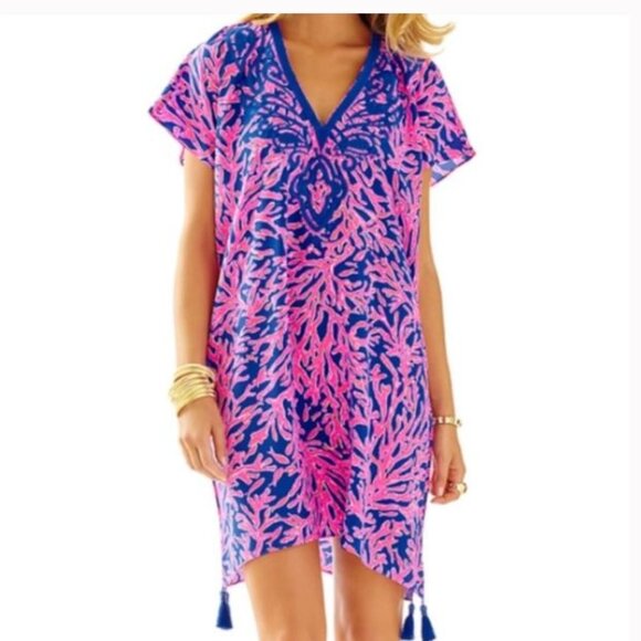 Lilly Pulitzer Sz S/M Sydney Silk Caftan Tassel Dress Cover-Up Tropical Pink
